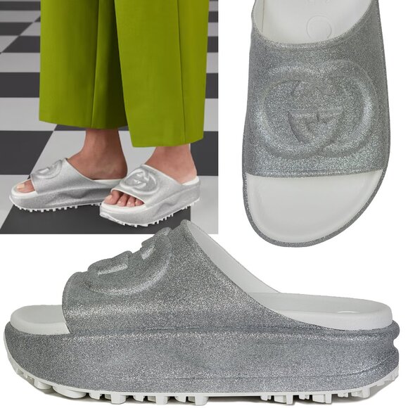GUCCI SHOES MIAMI GG LOGO EMBOSSED GLITTERED RUBBER PLATFORM SLIDE sz 40 10 - Picture 1 of 15